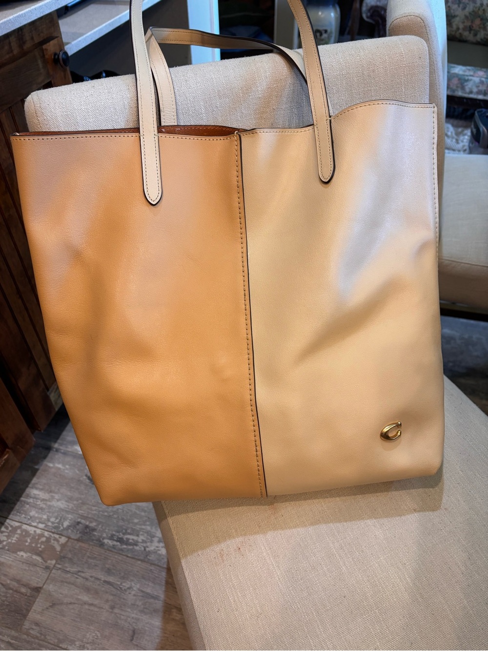 Coach Two-Tone Tan and Cream Leather Tote